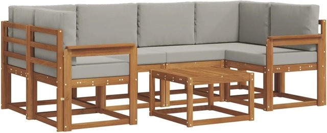 vidaXL Outdoor-Sofagarnitur 7-teilig aus Akazienholz in Natur mit hellgrauen Kissen im L-Shape Design - Bild 1