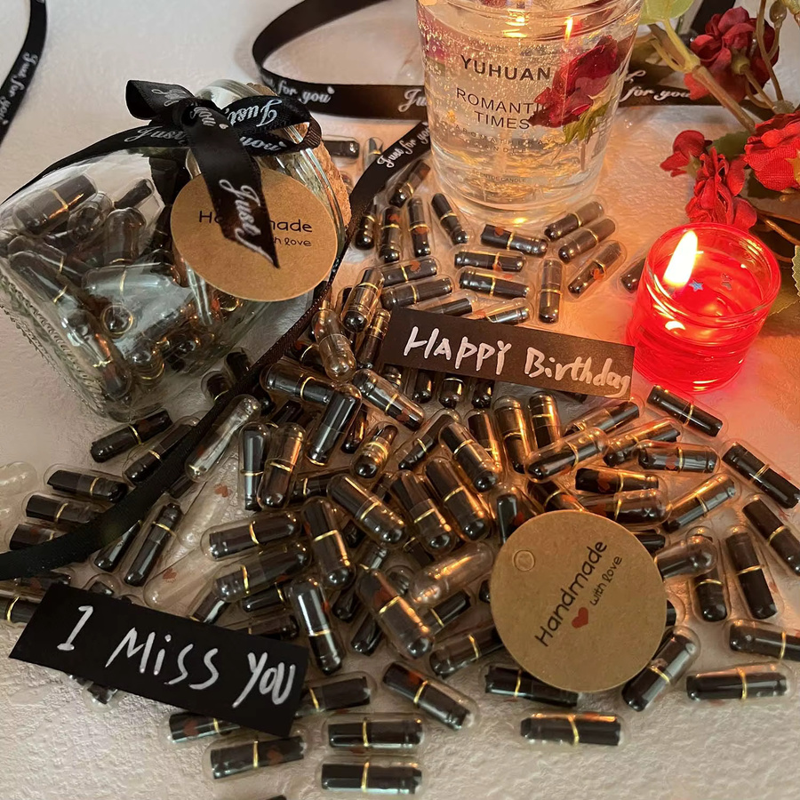 Blaue Nachrichtenkapseln als Liebespillen mit Flasche und Rollenpapier für Hochzeiten, Partys oder zum Valentinstag - Bild 4