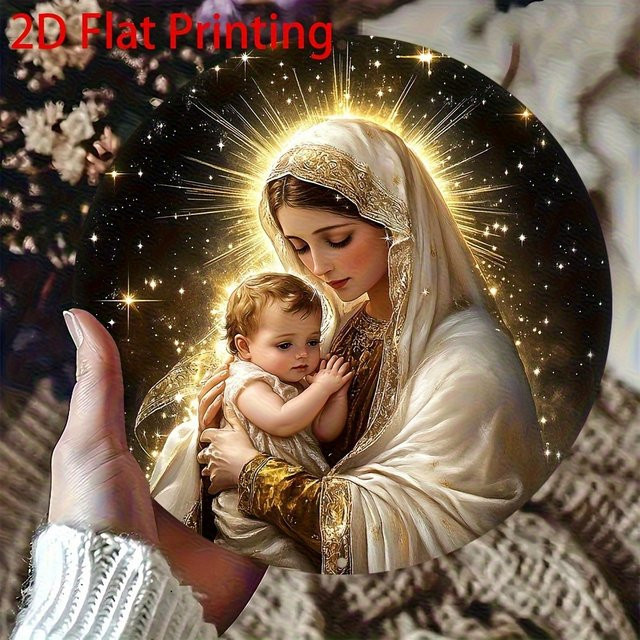 Religiöse Wanddekoration Potdemiel Jungfrau Maria und Jesus Vintage Metallkunst in Gold und Multicolour, Durchmesser: 20 cm - Bild 1