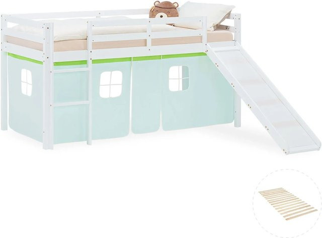 Homestyle4u Kinder Hochbett aus massivem Kiefernholz mit Rutsche und Vorhang in Grün, B/T/H: 207,5 x 90 x 110 cm - Bild 1