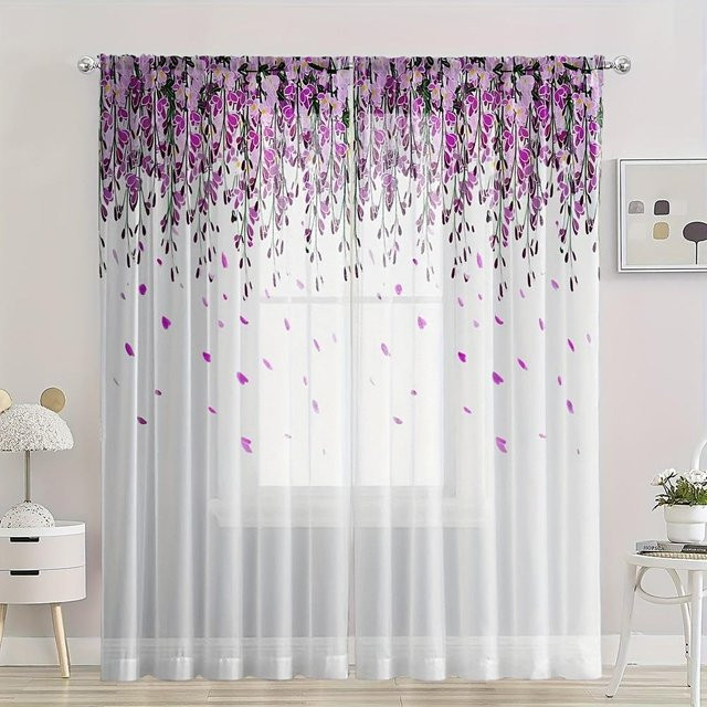 2er-Set halbtransparente Vorhänge mit Blumendruck von Yiran Furniture in Weiß, B: 135 cm, H: 245 cm - Bild 1