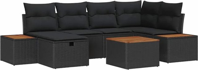 vidaXL Garten-Sofa-Set aus Poly Rattan und Stahl in Schwarz, 7-teilig mit Kissen und Tisch - Bild 1