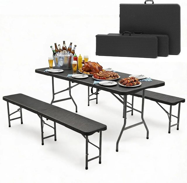 Sekey Bierzeltgarnitur in Schwarz mit Rattanoptik, klappbares Set bestehend aus 1 Tisch und 2 Bierbänken, B/T/H: 180 x 74 x 76 cm - Bild 1