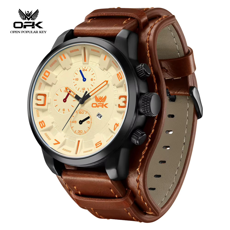 OPK Chronograph Herrenuhr, Quarz, Leder, 47 mm, Schwarz, Weiß - Bild 2