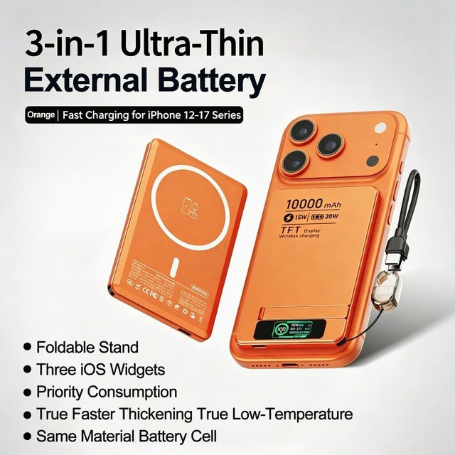 Magnetische Powerbank mit Halterung und TFT-Digital-Display in Orange, 5000/10000mAh, kabelloses Schnellladen für Handys und Uhren - Bild 1