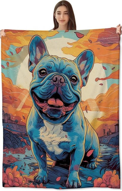 Weiche Flanell-Fleece-Überwurfdecke mit Französischer Bulldogge und Sonnenuntergangsmotiv, Mehrfarbig - Bild 1