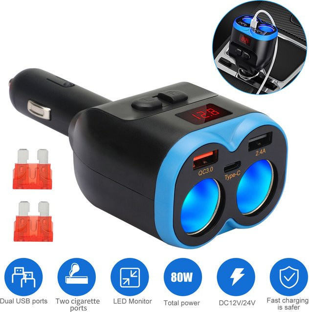 Dual USB Auto Ladegerät mit Voltmeter LCD-Display und Zigarettenanzünder Steckdose Splitter für 12V-24V in Schwarz - Bild 1