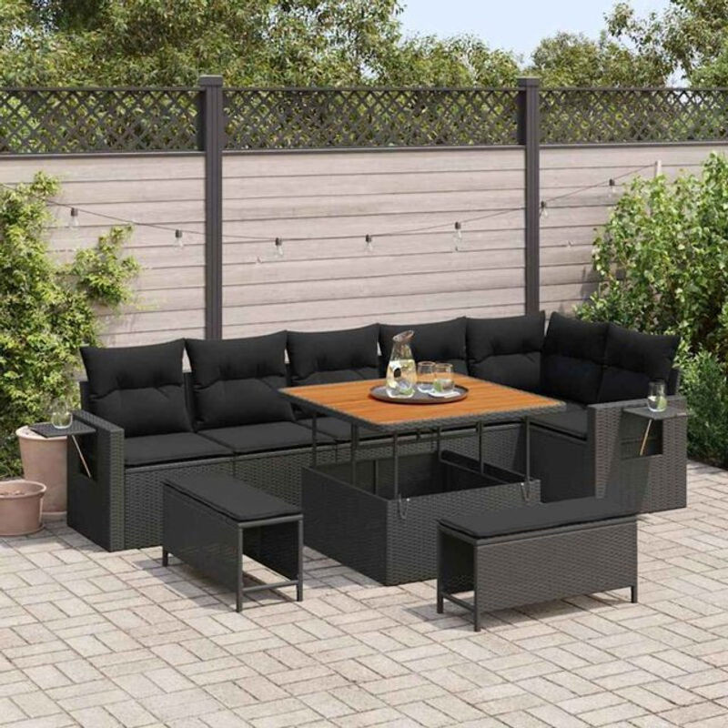 vidaxl Garten-Sofa-Set aus Poly-Rattan in Schwarz, 9-teiliges modulares Loungemöbel-Set mit Fußhockern - Bild 1