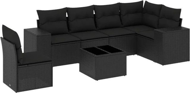 vidaXL 7-tlg Garten-Sofagarnitur in L-Form aus schwarzem Poly-Rattan mit UV-beständigen Kissen und pulverbeschichtetem Stahlgestell - Bild 1