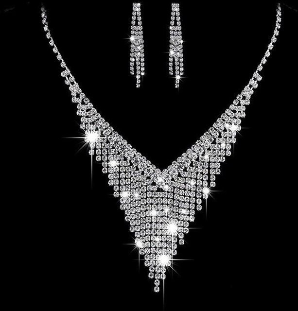 Schmuck-Set, Halskette, Ohrringe, Ring, Armband, Messing, Zirkonia, Kristall, grau, Damen - Bild 1