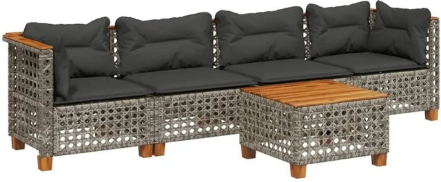 vidaXL 5-tlg Garten-Sofagarnitur in L-Form aus Polyrattan und Akazienholz mit Kissen, Grau - Bild 1
