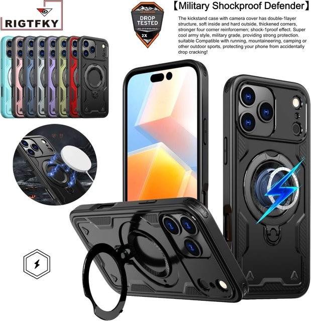 Stoßfeste Panzer-Handyhülle mit Magnetständer und Ringhalterung für iPhone 17 Air 16 Plus 15 14 13 Pro Max, Schwarz - Bild 1