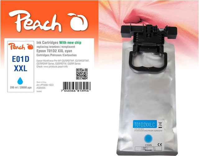 Peach E1D2 Druckerpatrone XL Cyan für Epson WorkForce Pro WFC 529 R DTW und WFC 570, ersetzt Epson T01D2 und C13T01D200 - Bild 1
