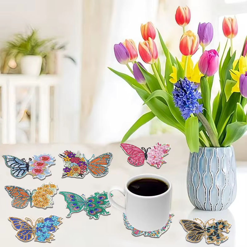 8-teiliges DIY-Diamant-Malerei-Kunstset mit Schmetterlingsmuster und Untersetzern in Multicolor - Bild 5
