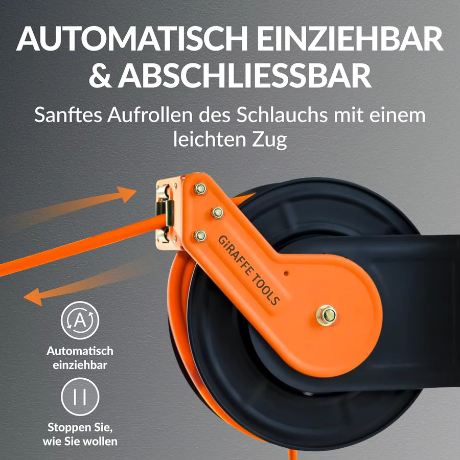 Giraffe Tools Druckluftschlauchtrommel mit Automatik-Aufroller, 15 m Schlauchlänge, 1/4 Zoll Anschluss, 3/8 Zoll Schlauch Ø 9,5 mm, max. 20 bar, Stahlkonstruktion, Farbe: Orange - Bild 3