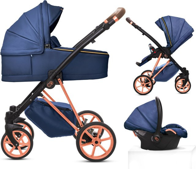 TPFLiving 3in1 Kinderwagen Royal aus Kunstleder in Blueberry mit Gestell in Roségold - Bild 1