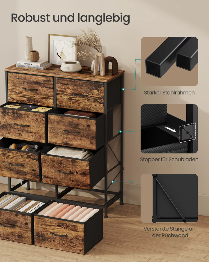Songmics Kommode mit 8 Stoffschubladen aus Stahl und MDF im Industrial Design, Schwarz/Braun - Bild 4