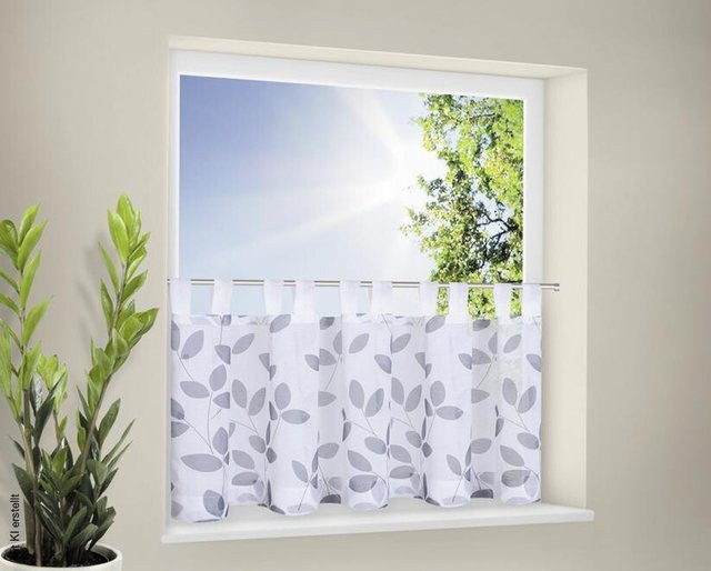 POCOline Scheibengardine Blättchen in Grau und Weiß mit floralem Design, Breite: 150 cm, Höhe: 50 cm - Bild 1