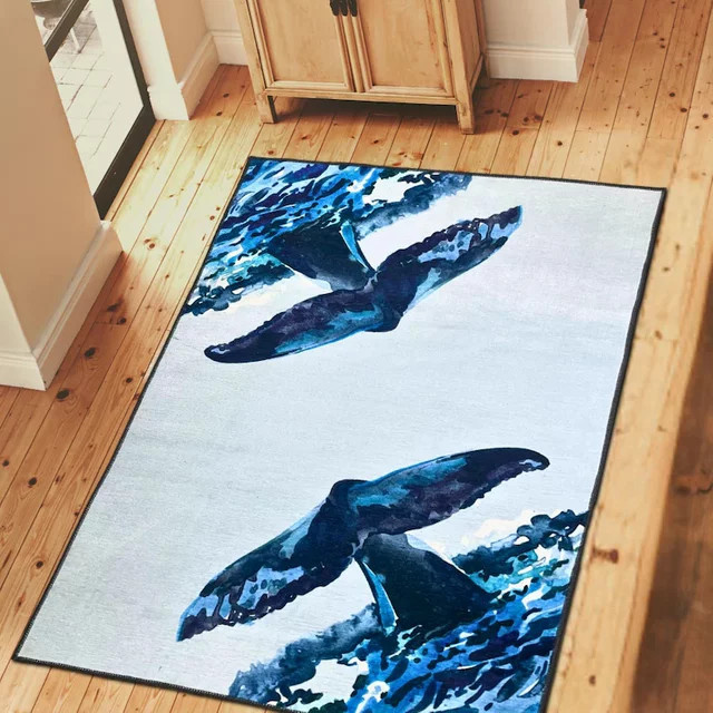 Blauer Aquarell-Teppich aus der Ozean-Serie mit Wal-Motiv und maritimen Elementen - Bild 1