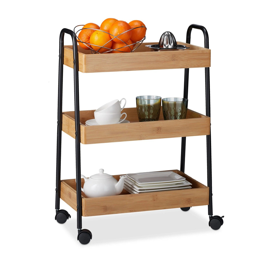 Relaxdays Servierwagen aus Bambus und Stahl in Schwarz, rollbar, B/T/H: 70 x 49,5 x 28 cm - Bild 2