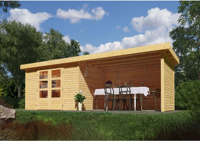 Karibu Gartenhaus Boras aus nordischer Fichte in Natur mit Flachdach und Anbaudach, B/T/H: 298 x 242 x 211 cm - Bild 1