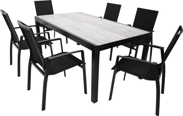 DEGAMO Gartenmöbel Garnitur FARO 7-teilig aus Aluminium und Glas in Anthrazit und Schwarz mit ausziehbarem Tisch in Keramikoptik - Bild 1