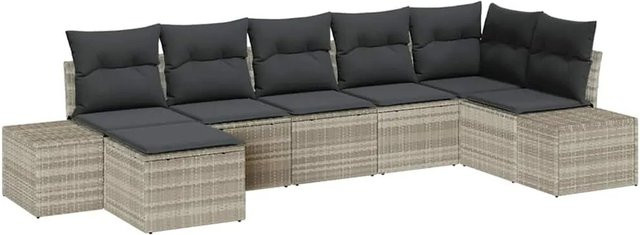 vidaXL 7-teilige Garten-Sofagarnitur aus Polyrattan in Grau mit Kissen und Ottoman in L-Form - Bild 1