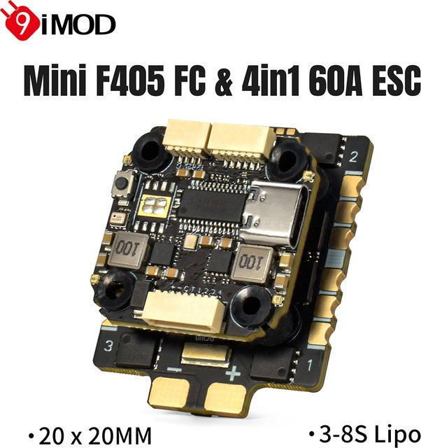 9IMOD MINI F405 Flugsteuerungsmodul mit 60A ESC und ICM42688 Gyro für RC FPV Racing Drohnen, Schwarz, 20 x 20 mm - Bild 1