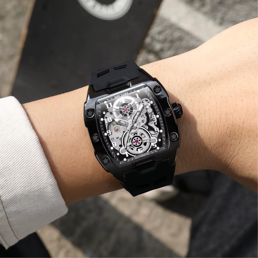 MEGIR Armbanduhr Automatik, Tonneau, 43 mm, Blau, Silikon, Herren - Bild 2