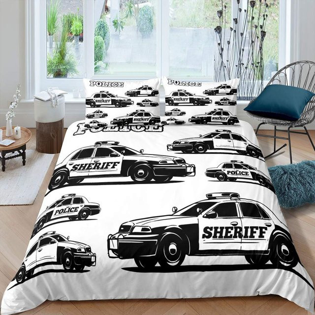 Bettwäsche-Set mit Polizeiauto-Motiv von Your Warm Home in Blau, Grau und Weiß, bestehend aus Bettdeckenbezug und Kissenbezug aus Mikrofaser, B/H: 135 x 200 cm - Bild 1