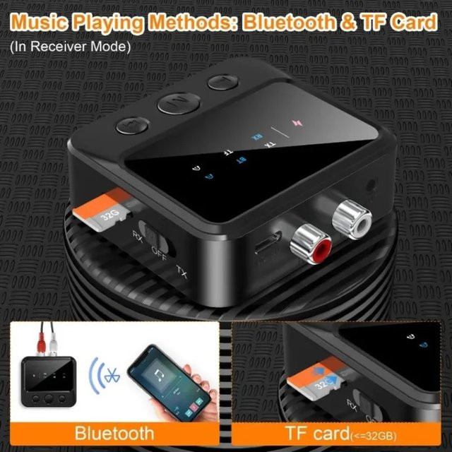 VIKEFON Bluetooth 2-in-1 HiFi Audio Sender und Empfänger in Schwarz mit Dual-Pairing, TF-Karten-Unterstützung sowie RCA- und AUX-Anschluss als kabelloser Adapter für Stereo-Lautsprecher und TV - Bild 1