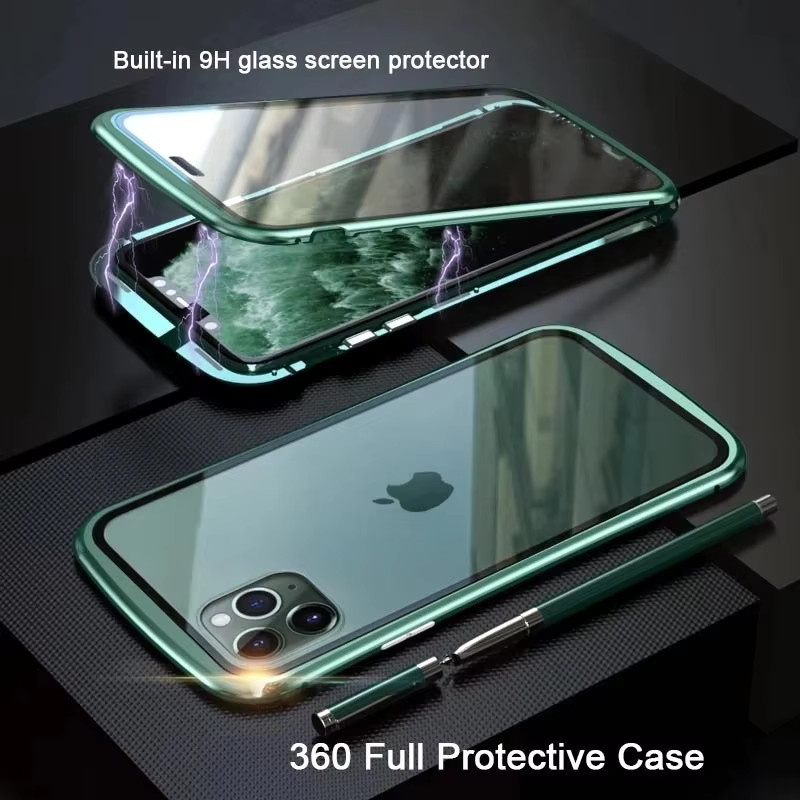 Magnetische Metall-Handyhülle mit 360 Grad Vollschutz und doppelseitiger Glasabdeckung für Apple iPhone in Grün - Bild 2