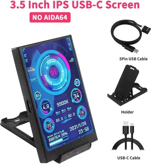 SHCHV 3,5 Zoll IPS Mini-Sekundärbildschirm mit USB-C Anschluss in Schwarz für Windows 10 11 zur CPU GPU RAM HDD Überwachung - Bild 1