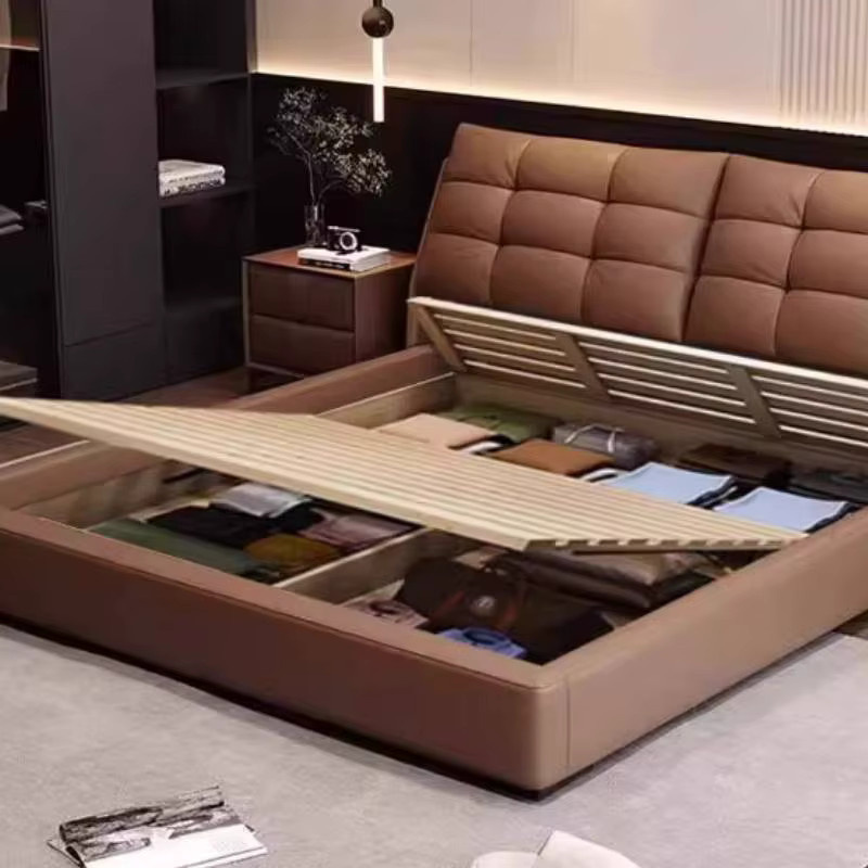 ZHIO Doppelbett mit Stauraum und Lift-up-Funktion aus Metall und braunem Kunstleder - Bild 5