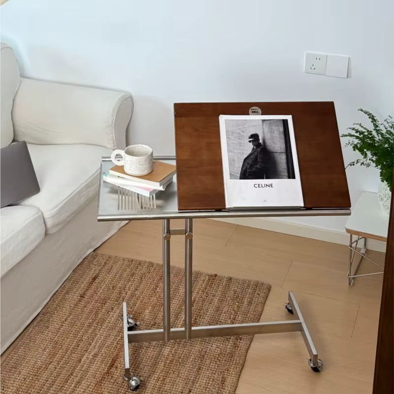 UOSU MOMO Mittelalterlicher Aufbewahrungswagen aus Massivholz und Edelstahl, Beistelltisch und Musiknotenhalter für das Wohnzimmer, Braun/Rot Matt - Bild 2