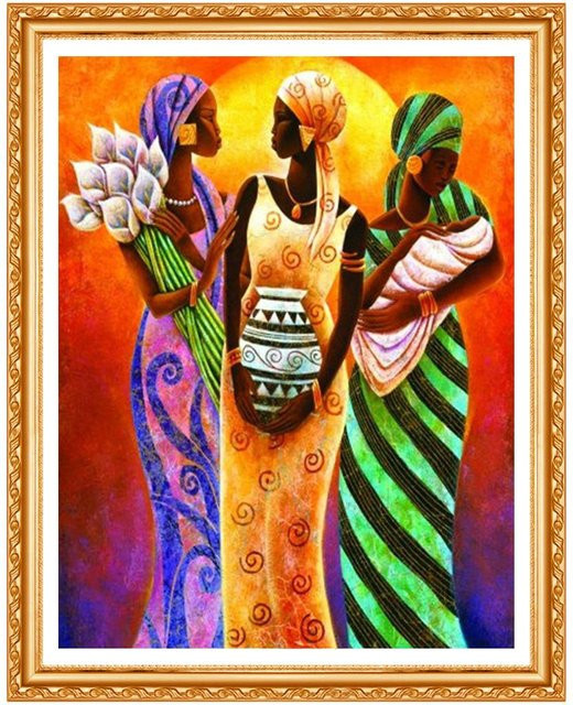 FIYO DIY Diamant-Stickerei Set Afrikanische Frau in Schwarz und Multicolour, Motiv: Ethnische abstrakte Wanddekoration mit runden Diamanten, Breite: 30 cm, Höhe: 20 cm - Bild 1