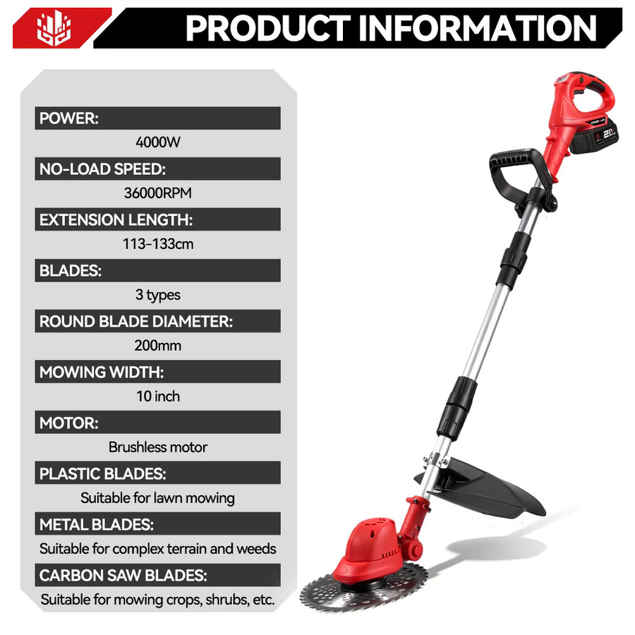ONEVAN Bürstenloser elektrischer Rasenmäher 10 Zoll in Rot, kabelloser Gartentrimmer für Makita LXT 18V Akku, 36000RPM, Durchmesser: 25,4 cm - Bild 3