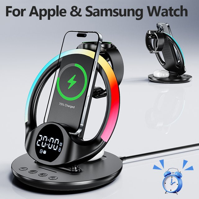 VIKEFON 6-in-1 kabelloses Ladegerät mit RGB-Lichtwecker für iPhone, Samsung Galaxy, Apple Watch und AirPods in Schwarz Multicolour - Bild 1