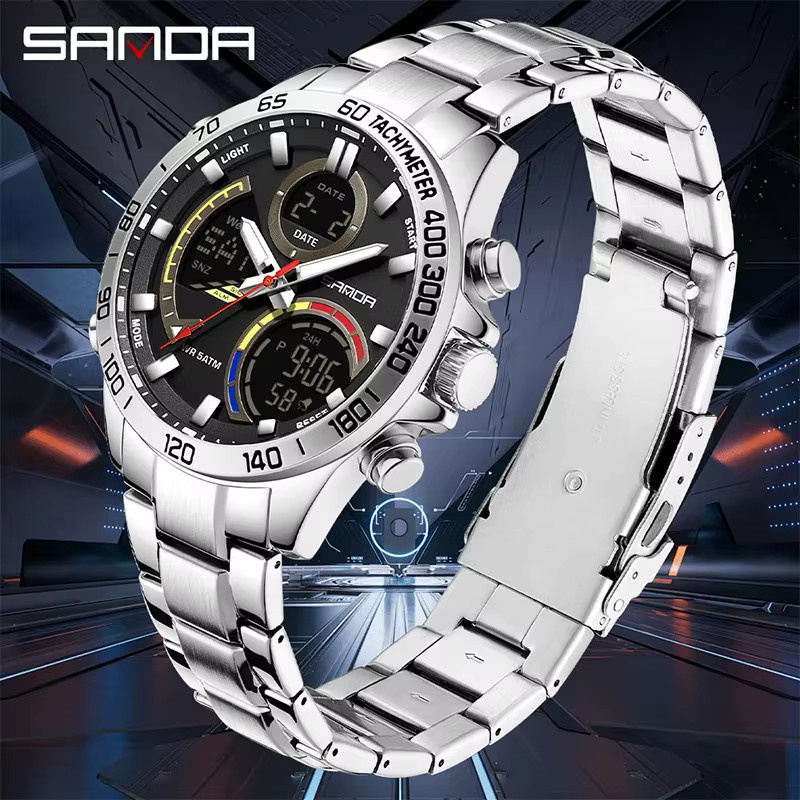 SANDA Armbanduhr Analog-Digital, Edelstahl, Schwarz, Herren - Bild 1