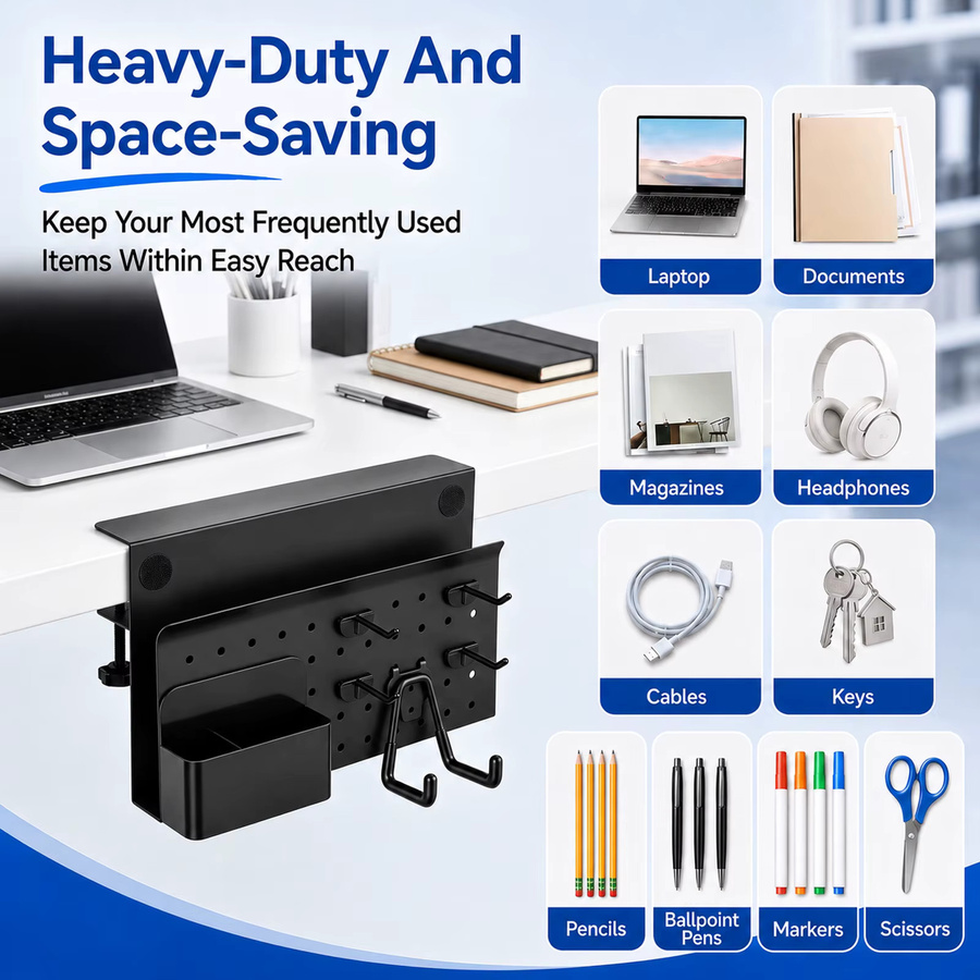 Metall-Pegboard-Organizer für den Schreibtisch in Schwarz mit Kopfhörerhalter und Kabelmanagement zur Aufbewahrung von Bürobedarf, Laptop, Tablet und Telefon - Bild 3