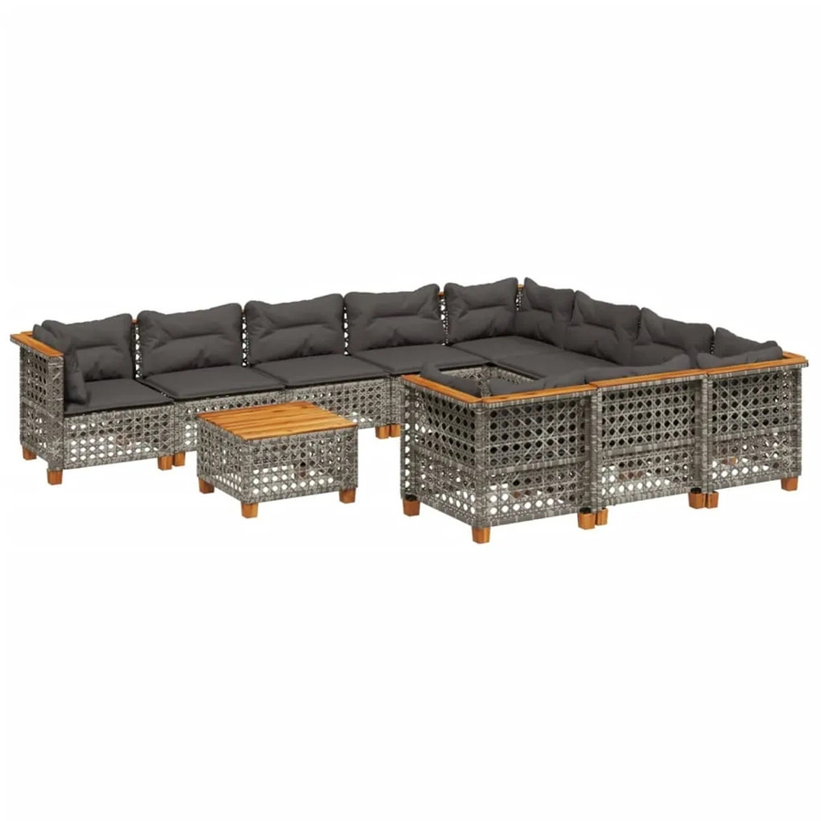 vidaXL 11-tlg Garten-Sofagarnitur aus Poly Rattan und Akazienholz in Grau mit Kissen Modell 94 - Bild 2