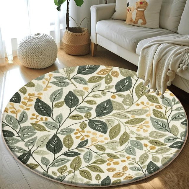 Karpetti Runder Teppich mit Pflanzenmuster in Grün, Weicher Plüschteppich im Skandinavischen Stil für Wohnzimmer und Schlafzimmer, Durchmesser: 80 cm - Bild 1