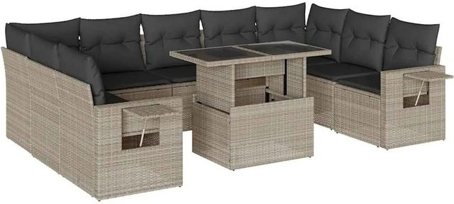 vidaXL 10-tlg. Garten-Sofagarnitur in L-Form aus Poly-Rattan mit Kissen, Hellgrau - Bild 1