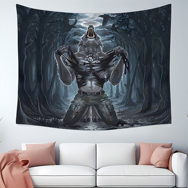 VIKAMA Wandteppich Dunkler Werwolf im Gothic-Stil, Grau, Wandbehang als Raumdekoration - Bild 1