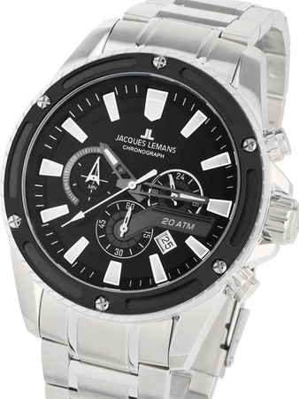 Jacques Lemans Chronograph, Quarz, Edelstahl, Schwarz, 48 mm, Herren