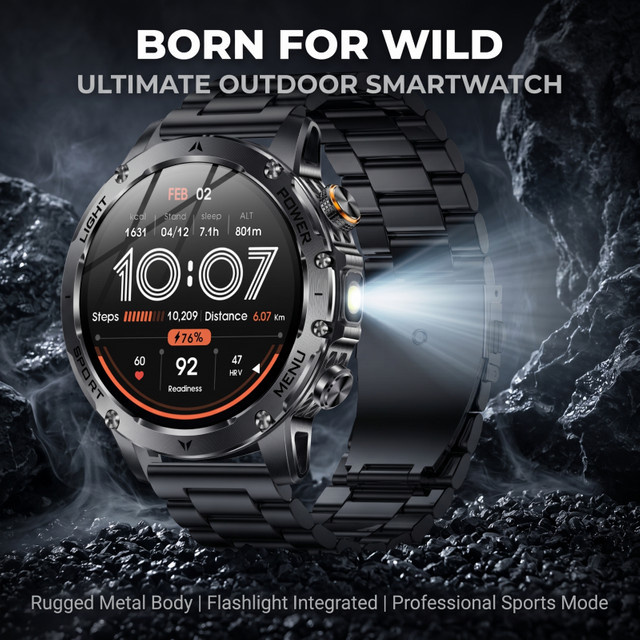 KULANNDER Herren GPS Outdoor Sport Smartwatch mit AMOLED-Bildschirm, NFC, Taschenlampe, Herzfrequenzmesser und Bluetooth-Anruf, Wasserdicht, Schwarz - Bild 1