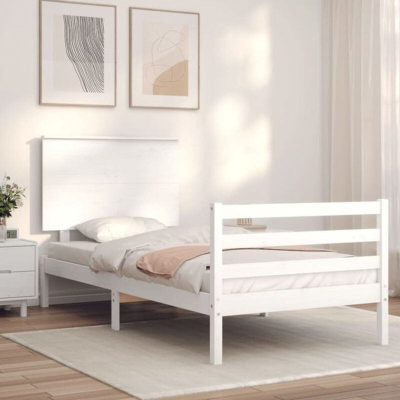 Massivholzbett aus Kiefer mit Kopfteil von Vidaxl in Weiß im Landhausstil und minimalistischem Design, B/T/H: 190 x 95,5 x 195,5 cm - Bild 1