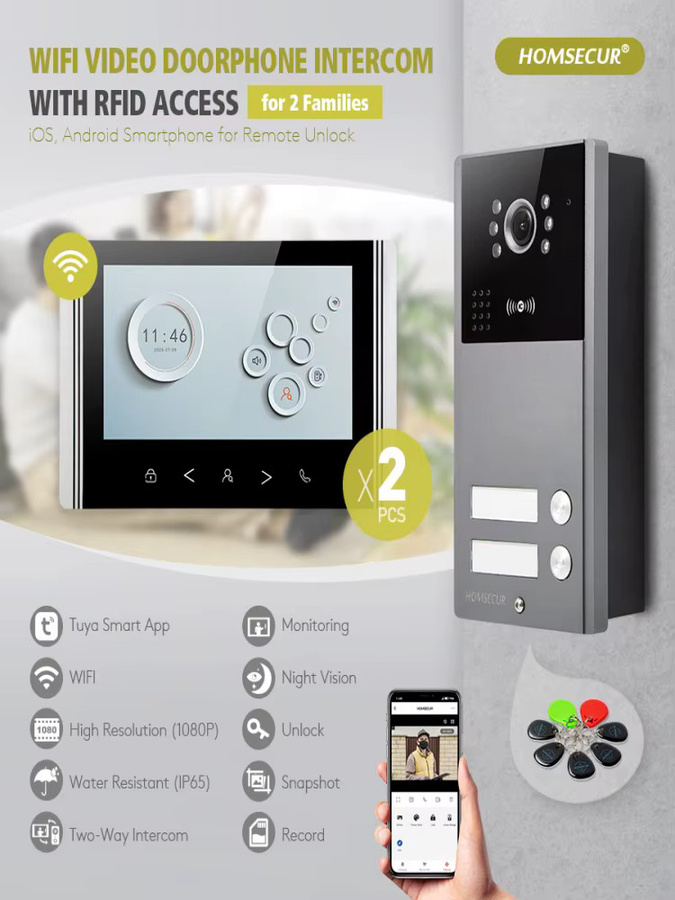 HOMSECUR 7 Zoll WIFI Video-Türsprechanlage Gegensprechanlage zur Außenüberwachung für 2 Familien - Bild 5