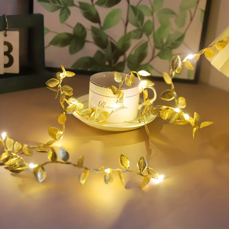 MENGHAO LED Lichterkette mit künstlichen goldenen Rattan-Blättern für Garten, Hochzeit und DIY-Dekoration, 5 m Länge - Bild 2