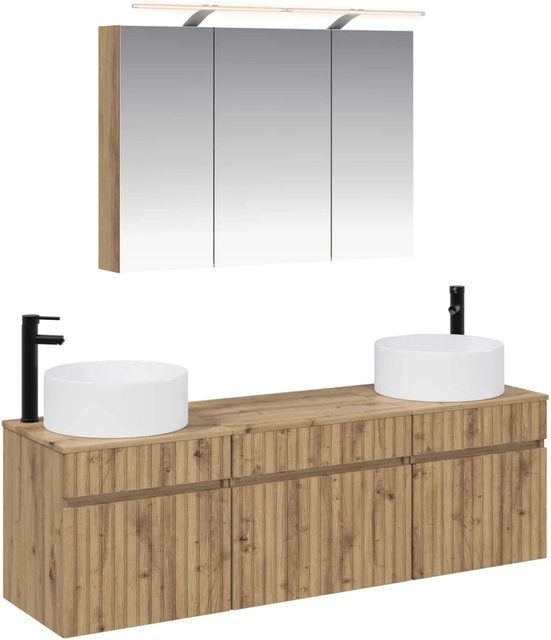 vidaXL Badezimmerschrank-Set 4-teilig in Artisan-Eiche, modern, braun, mit LED-Beleuchtung und Spiegelschrank, B/T/H: 100 x 14,5 x 70 cm - Bild 1